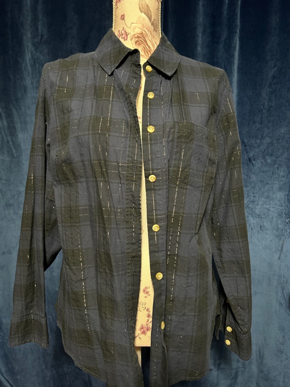 Plaid Button-Up Shirt with Gold Threading - Black & Deep blue